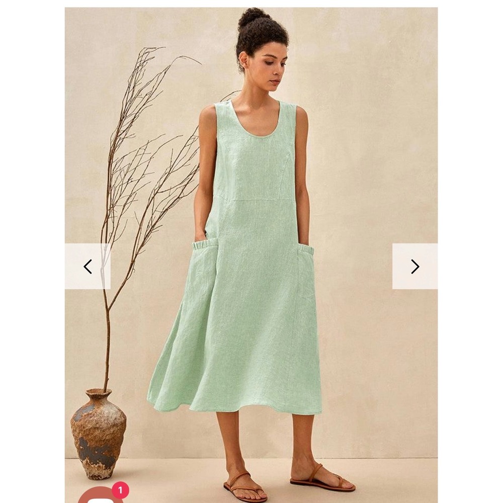 LINTICO Womens 100% Linen Sleeveless Midi Dress Sage Green Pockets Giana L b7